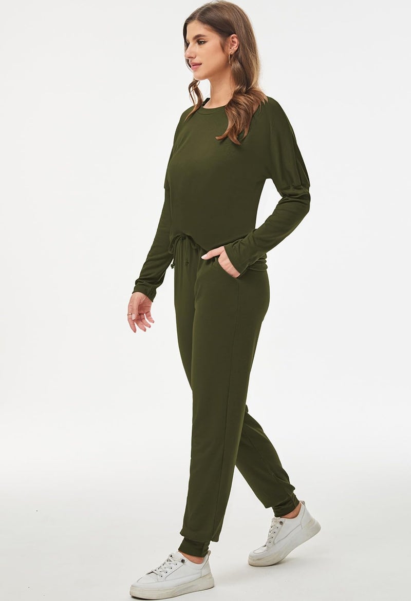 Fixmatti Long Sweatsuits for Women 2 Piece Casual Outfit Pant Set Gym Army Green L - Image 5